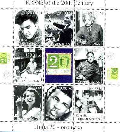 Turkmenistan 1999 Icons of the 20th Century #1 perf sheetlet containing set of 8 values  (Elvis, Einstein, Ali, Beatles etc) unmounted mint, stamps on personalities, stamps on elvis, stamps on movies, stamps on cinema, stamps on films, stamps on boxing, stamps on physics, stamps on science, stamps on judaica, stamps on millennium, stamps on nobel, stamps on islam, stamps on personalities, stamps on einstein, stamps on science, stamps on physics, stamps on nobel, stamps on maths, stamps on space, stamps on judaica, stamps on atomics, stamps on beatles