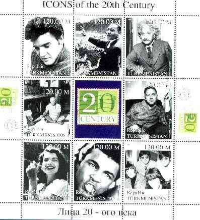 Turkmenistan 1999 Icons of the 20th Century #1 perf sheetlet containing set of 8 values  (Elvis, Einstein, Ali, Beatles etc) unmounted mint, stamps on , stamps on  stamps on personalities, stamps on elvis, stamps on movies, stamps on cinema, stamps on films, stamps on boxing, stamps on physics, stamps on science, stamps on judaica, stamps on  stamps on millennium, stamps on  stamps on nobel, stamps on  stamps on islam, stamps on  stamps on personalities, stamps on  stamps on einstein, stamps on  stamps on science, stamps on  stamps on physics, stamps on  stamps on nobel, stamps on  stamps on maths, stamps on  stamps on space, stamps on  stamps on judaica, stamps on  stamps on atomics, stamps on  stamps on beatles