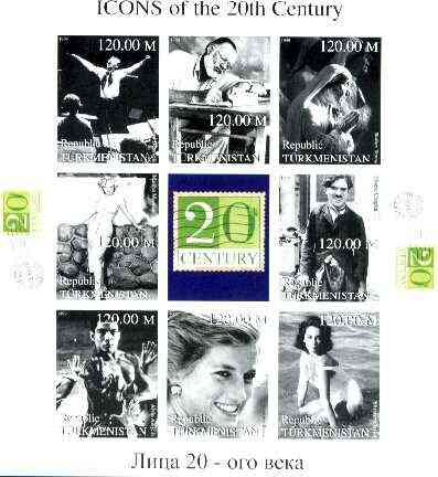 Turkmenistan 1999 Icons of the 20th Century #2 imperf sheetlet containing set of 8 values  (Mother Teresa, C Chaplin, Marilyn, Diana etc) unmounted mint, stamps on personalities, stamps on literature, stamps on marilyn monroe, stamps on movies, stamps on cinema, stamps on films, stamps on music, stamps on diana, stamps on millennium, stamps on judaica, stamps on comedy, stamps on chaplin