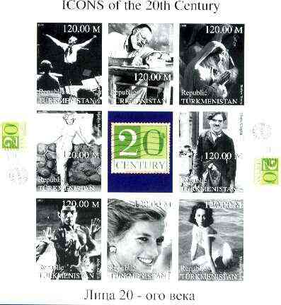 Turkmenistan 1999 Icons of the 20th Century #2 imperf sheetlet containing set of 8 values  (Mother Teresa, C Chaplin, Marilyn, Diana etc) unmounted mint, stamps on , stamps on  stamps on personalities, stamps on literature, stamps on marilyn monroe, stamps on movies, stamps on cinema, stamps on films, stamps on music, stamps on diana, stamps on millennium, stamps on judaica, stamps on  stamps on comedy, stamps on  stamps on chaplin