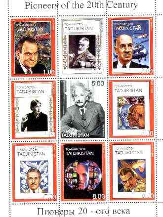 Tadjikistan 1999 Pioneers of the 20th Century perf sheetlet containing set of 9 values  (Einstein, Sikorsky, Picasso, G B Shaw, etc) unmounted mint, stamps on , stamps on  stamps on personalities, stamps on physics, stamps on aviation, stamps on literature, stamps on arts, stamps on picasso, stamps on , stamps on judaica, stamps on  stamps on millennium, stamps on  stamps on nobel, stamps on  stamps on personalities, stamps on  stamps on einstein, stamps on  stamps on science, stamps on  stamps on physics, stamps on  stamps on nobel, stamps on  stamps on maths, stamps on  stamps on space, stamps on  stamps on judaica, stamps on  stamps on atomics