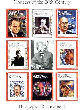 Tadjikistan 1999 Pioneers of the 20th Century imperf sheetlet containing set of 9 values  (Einstein, Sikorsky, Picasso, G B Shaw, etc) unmounted mint, stamps on , stamps on  stamps on personalities, stamps on physics, stamps on aviation, stamps on literature, stamps on arts, stamps on picasso, stamps on , stamps on judaica, stamps on  stamps on millennium, stamps on  stamps on nobel, stamps on  stamps on personalities, stamps on  stamps on einstein, stamps on  stamps on science, stamps on  stamps on physics, stamps on  stamps on nobel, stamps on  stamps on maths, stamps on  stamps on space, stamps on  stamps on judaica, stamps on  stamps on atomics