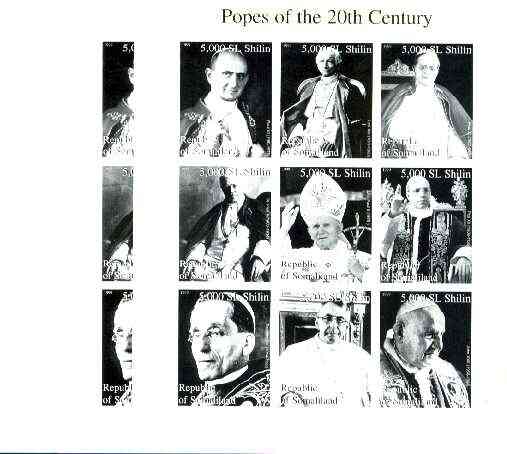 Somaliland 1999 Popes of the 20th Century Culture sheetlet containing set of 9 values, the set of 3 imperf progressive proofs comprising black & yellow individual colours..., stamps on religion, stamps on popes, stamps on millennium, stamps on pope