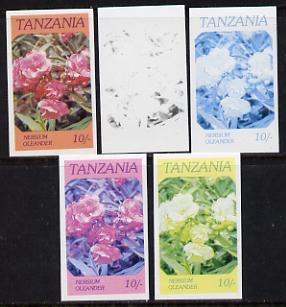 Tanzania 1986 Flowers 10s (Nersium) set of 5 imperf progressive colour proofs unmounted mint (as SG 476), stamps on , stamps on  stamps on flowers