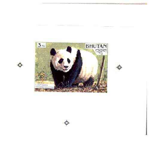 Bhutan 1990 Endangered Wildlife - Intermediate stage computer-generated artwork (as submitted for approval) for 3nu (Giant Panda) twice stamp size similar to issued design but lettering different, ex Government archives and probably unique (as Sc921), stamps on , stamps on  stamps on animals, stamps on bears, stamps on pandas