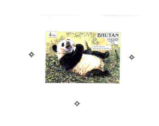 Bhutan 1990 Endangered Wildlife - Intermediate stage computer-generated artwork (as submitted for approval) for 4nu (Giant Panda) twice stamp size similar to issued design but lettering different, ex Government archives and probably unique (as Sc922), stamps on , stamps on  stamps on animals, stamps on bears, stamps on pandas