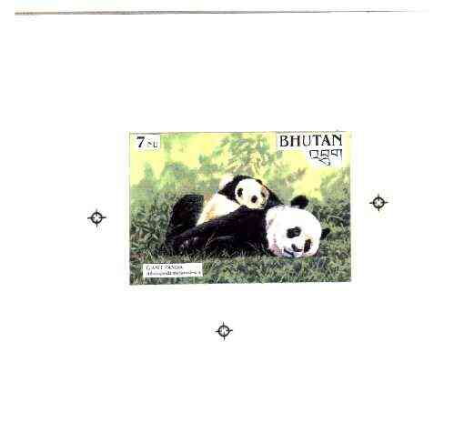 Bhutan 1990 Endangered Wildlife - Intermediate stage computer-generated artwork (as submitted for approval) for 7nu (Giant Panda) twice stamp size similar to issued design but lettering different, ex Government archives and probably unique (as Sc925), stamps on , stamps on  stamps on animals, stamps on bears, stamps on pandas