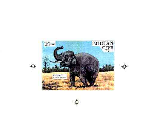 Bhutan 1990 Endangered Wildlife - Intermediate stage computer-generated artwork (as submitted for approval) for 10nu (Elephant) twice stamp size similar to issued design ..., stamps on animals, stamps on elephants