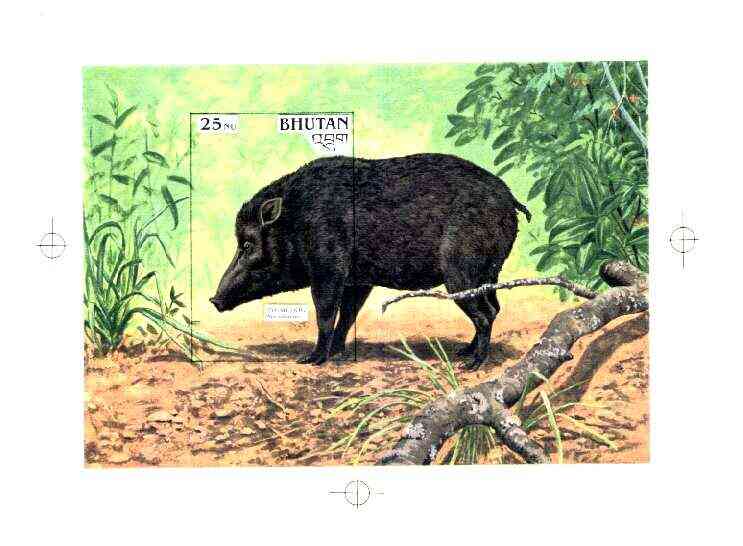 Bhutan 1990 Endangered Wildlife - Intermediate stage computer-generated artwork (as submitted for approval) for 25nu m/sheet (Pygmy Hog) 200 x 140 mm similar to issued design but lettering different, ex Government archives and probably unique (as Sc 939), stamps on , stamps on  stamps on animals, stamps on hog, stamps on swine