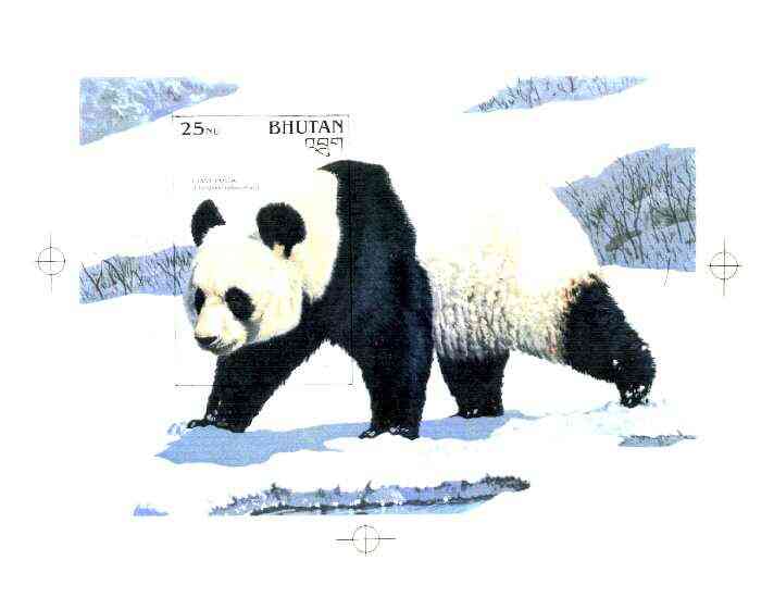 Bhutan 1990 Endangered Wildlife - Intermediate stage computer-generated artwork (as submitted for approval) for 25nu m/sheet (Giant Panda) 200 x 140 mm as issued design but lettering different, ex Government archives and probably unique (as Sc 936), stamps on , stamps on  stamps on animals, stamps on bears, stamps on pandas