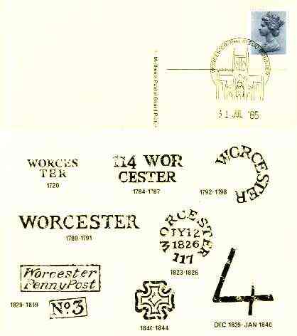 Postcard of Postal Markings of Worcester (1720-1844) used with illustrated Worcester Philatelic Counter cancel (Midlands Postal Board Card MPB 17), stamps on postal