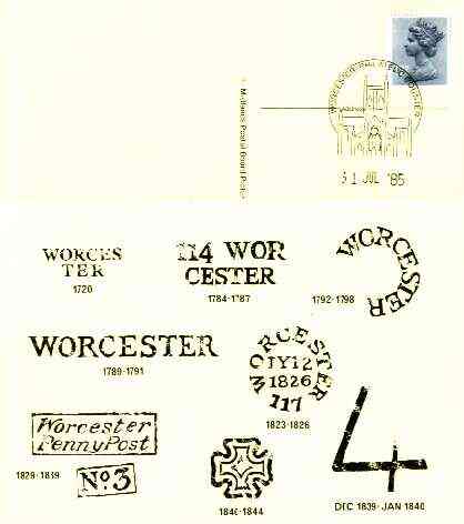 Postcard of Postal Markings of Worcester (1720-1844) used with illustrated Worcester Philatelic Counter cancel (Midlands Postal Board Card MPB 17), stamps on postal