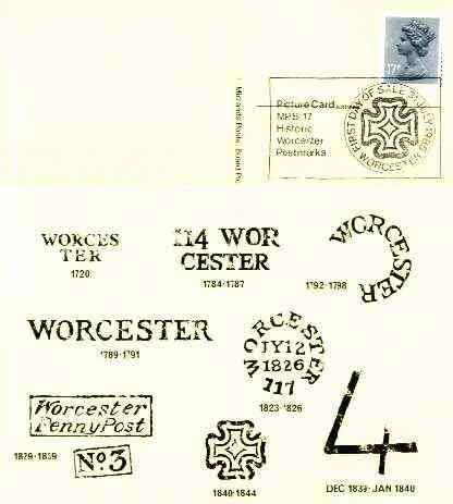 Postcard of Postal Markings of Worcester used with illustrated 'Historic Worcester Postmarks' first day cancel (Midlands Postal Board Card MPB 17), stamps on postal