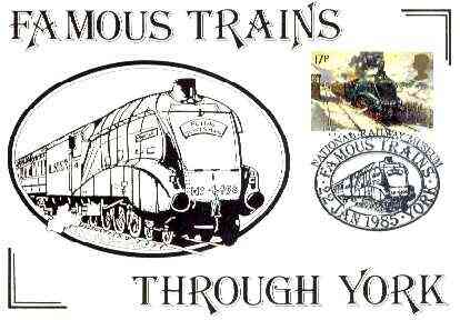 Postcard of Famous Trains Through York (Flying Scotsman) bearing 'Flying Scotsman' stamp with illustrated 'National Railway Museum' cancel, stamps on , stamps on  stamps on railways, stamps on  stamps on museums, stamps on  stamps on scots, stamps on  stamps on scotland