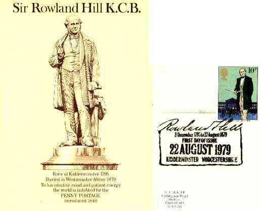 Postcard of Sir Rowland Hill (statue in brown on cream) bearing Rowland Hill stamp with special illustrated first day cancel (Midlands Postal Board Card MPB 3), stamps on , stamps on  stamps on postal, stamps on rowland hill