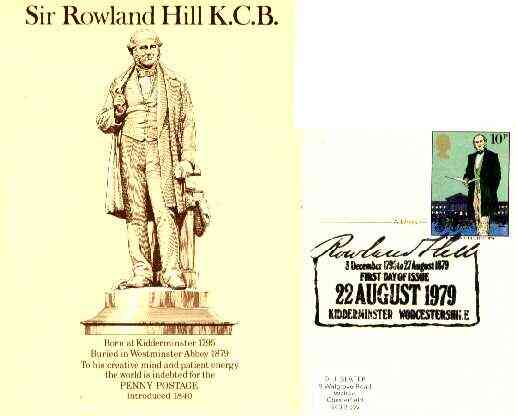 Postcard of Sir Rowland Hill (statue in brown on cream) bearing Rowland Hill stamp with special illustrated first day cancel (Midlands Postal Board Card MPB 3), stamps on postal, stamps on rowland hill