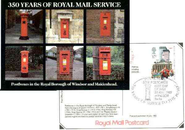Postcard of Windsor Postboxes (PO SE Region picture card SEPR 44) bearing 350th Anniversary stamp (Motorcyclist) with illustrated Windsor first day cancel, stamps on postbox, stamps on postal, stamps on motorbikes