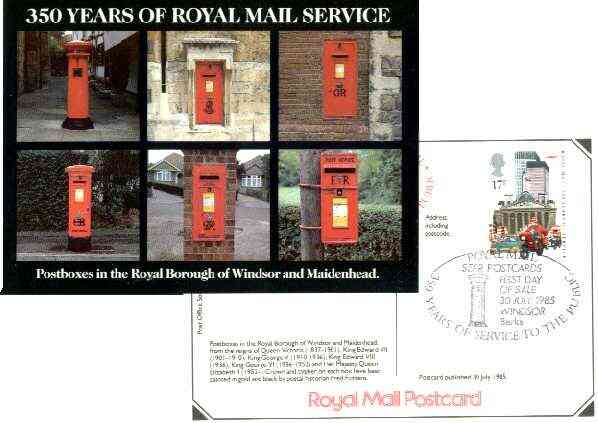 Postcard of Windsor Postboxes (PO SE Region picture card SEPR 44) bearing 350th Anniversary stamp (Motorcyclist) with illustrated Windsor first day cancel, stamps on , stamps on  stamps on postbox, stamps on postal, stamps on motorbikes