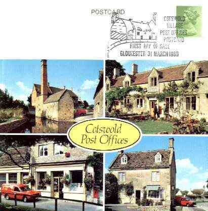 Postcard of Cotswold Post Offices (PO picture card SWPR 9) used with illustrated Cotswold first day cancel, stamps on postbox, stamps on postal