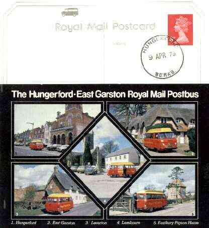 Postcard of Hungerford-East Garston Postbus (PO picture card SEPR 8/2) used with Hungerford first day cancel, stamps on buses, stamps on postal