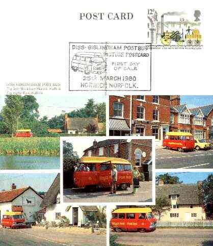Postcard of Diss-Gillingham Postbus (PO picture card CKPO 2) used with illustrated first day cancel, stamps on buses, stamps on postal