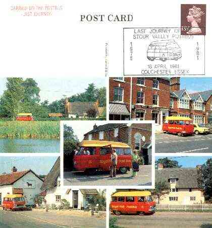 Postcard of Diss-Gillingham Postbus (PO picture card CKPO 2) used with illustrated last day Stour Valley Postbus cancel, stamps on buses, stamps on postal