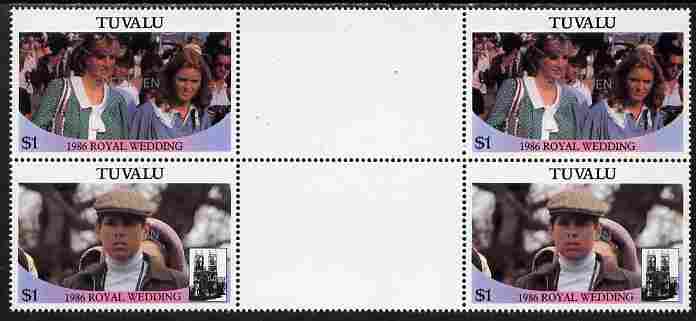 Tuvalu 1986 Royal Wedding (Andrew & Fergie) $1 perf inter-paneau gutter block of 4 (2 se-tenant pairs) overprinted SPECIMEN in silver (Upright caps 17.5 x 2.5 mm) unmounted mint SG 399-400s from Printer's uncut proof sheet, stamps on royalty, stamps on andrew, stamps on fergie, stamps on 