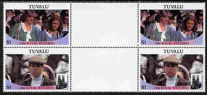 Tuvalu 1986 Royal Wedding (Andrew & Fergie) $1 perf inter-paneau gutter block of 4 (2 se-tenant pairs) overprinted SPECIMEN in silver (Upright caps 17.5 x 2.5 mm) unmounted mint SG 399-400s from Printer's uncut proof sheet, stamps on , stamps on  stamps on royalty, stamps on  stamps on andrew, stamps on  stamps on fergie, stamps on  stamps on 