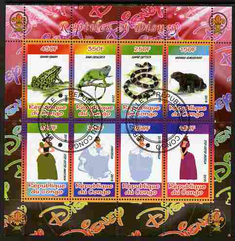 Congo 2010 Disney & Reptiles perf sheetlet containing 8 values with Scout Logo fine cto used, stamps on disney, stamps on films, stamps on cinema, stamps on movies, stamps on cartoons, stamps on scouts, stamps on reptiles, stamps on snakes, stamps on frogs
