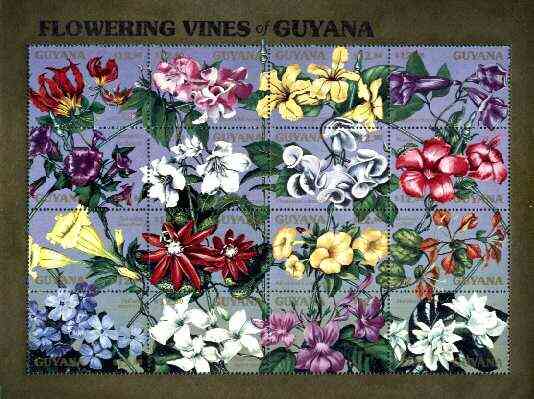 Guyana 1990 Flowering Vines sheetlet containing set of 16 values unmounted mint, Sc #2372, stamps on flowers