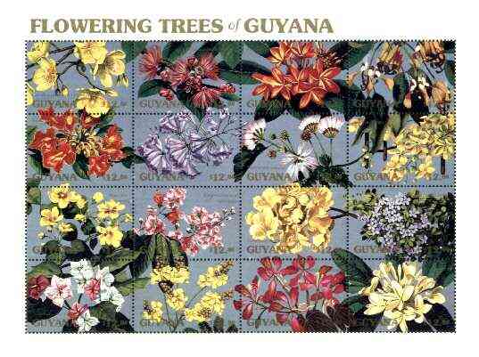 Guyana 1990 Flowering Trees sheetlet containing set of 16 values unmounted mint, Sc #2371, stamps on , stamps on  stamps on flowers, stamps on trees