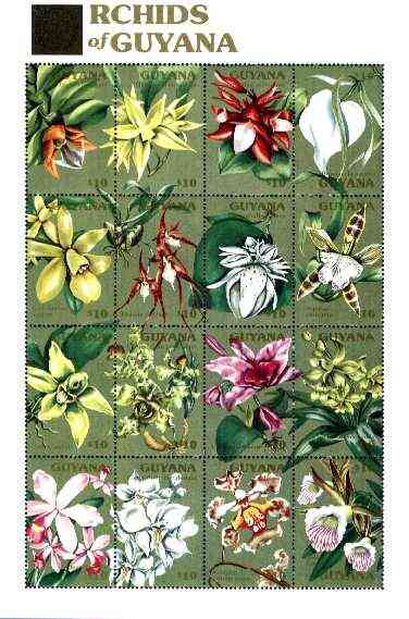 Guyana 1990 Orchids of Guyana sheetlet #01 containing set of 16 values unmounted mint, Sc #2367, stamps on flowers, stamps on orchids