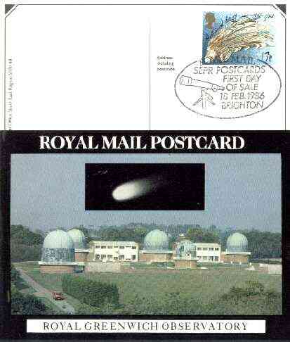 Postcard of Royal Greenwich Observatory (with Halley's Comet) (PO picture card SEPR 48) used with illustrated Brighton 'Telescope' first day cancel, stamps on , stamps on  stamps on postal, stamps on space, stamps on astronomy, stamps on  stamps on telescopes, stamps on  stamps on halley