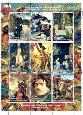 Niger Republic 1998 Paintings by Eugene Delacroix perf sheetlet containing 9 values (each with Phila France 99 logo) cto used, stamps on arts, stamps on delacroix, stamps on stamp exhibitions