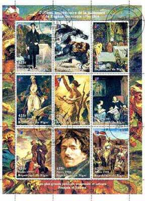 Niger Republic 1998 Paintings by Eugene Delacroix perf sheetlet containing 9 values (each with Phila France 99 logo) cto used, stamps on , stamps on  stamps on arts, stamps on delacroix, stamps on  stamps on stamp exhibitions