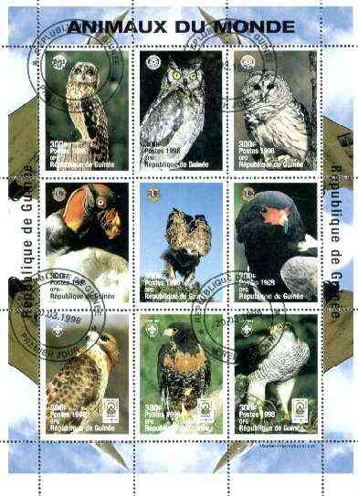 Guinea - Conakry 1998 Animals of the World #2 - Birds perf sheetlet containing 9 values (with Rotary, Lions Int & Scout Logos) cto used, stamps on , stamps on  stamps on birds, stamps on  stamps on owls, stamps on  stamps on rotary, stamps on  stamps on lions int, stamps on  stamps on scouts, stamps on  stamps on birds of prey, stamps on  stamps on concorde