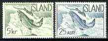 Iceland 1959 Atlantic Salmon 25a blue & 5k green both unmounted mint, SG 368 & 371, stamps on , stamps on  stamps on fish