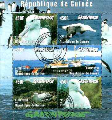 Guinea - Conakry 1998 Greenpeace sheetlet of 6 values (Birds & Greenpeace Ship) fine cto used, stamps on birds, stamps on ships, stamps on environment, stamps on penguins, stamps on helicopter
