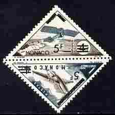 Monaco 1956 Postage Due 5f on 4f Triangular (Monoplane & Comet) overprinted & surcharged for Postage se-tenant pair unmounted mint, SG 559a, stamps on , stamps on  stamps on triangulars, stamps on  stamps on aviation, stamps on  stamps on postage due, stamps on  stamps on comet