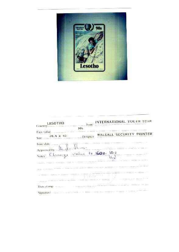 Lesotho 1985 Internatioanl Youth Year - photographic proof of 90s value (Rock-Climbing) on sheet with handstamp and signature of approval endorsed change value to 10s, al..., stamps on mountain climbing, stamps on youth