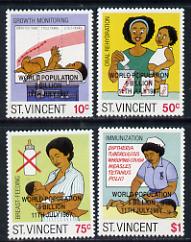 St Vincent 1987 Child Health perf set of 4 opt'd World Population Control in unmounted mint half sheets of 25, SG 1053-56. Please note: These are from the original and genuine Format International printings and NOT the wishy-washy reprint/forgeries that are flooding the market., stamps on , stamps on  stamps on children, stamps on environment, stamps on medical, stamps on census, stamps on population, stamps on nurses, stamps on clocks