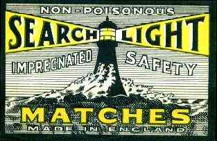 Match Box Labels - Searchlight Brand (Lighthouse black & yellow) dozen size label made in England, stamps on lighthouses