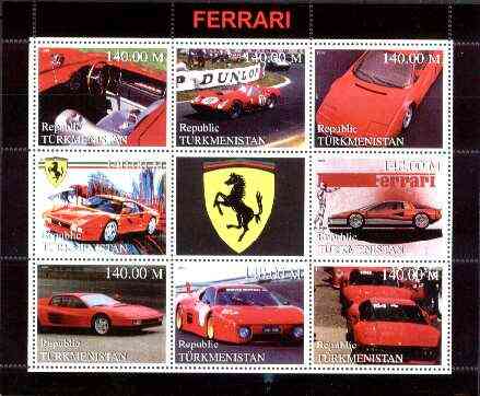Turkmenistan 1999 Ferrari perf sheetlet containing set of 8 values plus label unmounted mint, stamps on racing cars, stamps on ferrari, stamps on cars, stamps on vets
