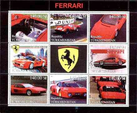 Turkmenistan 1999 Ferrari perf sheetlet containing set of 8 values plus label unmounted mint, stamps on , stamps on  stamps on racing cars, stamps on  stamps on ferrari, stamps on  stamps on cars, stamps on  stamps on vets