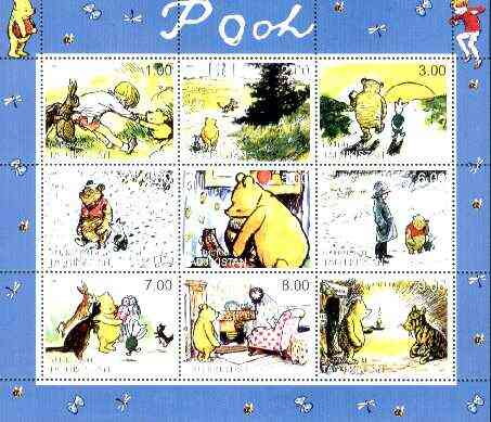 Tadjikistan 1999 Winnie the Pooh perf sheetlet containing set of 9 values unmounted mint, stamps on bears, stamps on children, stamps on cartoons, stamps on owls, stamps on teddy bears, stamps on honey