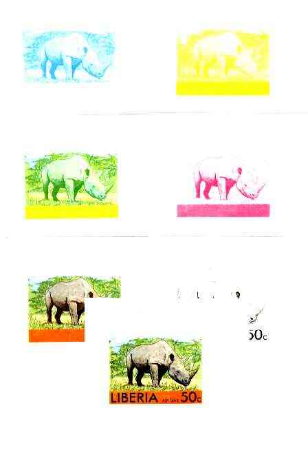 Liberia 1976 Animals 50c Rhinoceros the set of 7 imperf progressive proofs comprising the 4 individual colours plus 2, 3 and all 4-colour composites, a very rare proof as this stamp was issued as the 2c value unmounted mint, stamps on , stamps on  stamps on animals, stamps on rhino