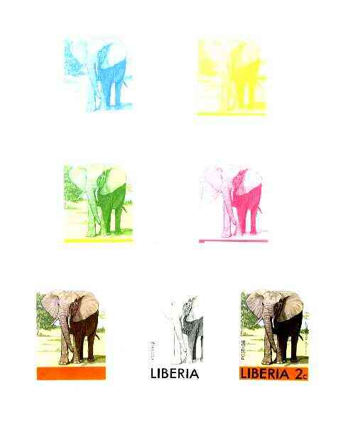 Liberia 1976 Animals 2c Elephant the set of 7 imperf progressive proofs comprising the 4 individual colours plus 2, 3 and all 4-colour composites, a very rare proof as this stamp was issued as the 50c value unmounted mint, stamps on , stamps on  stamps on animals, stamps on elephant