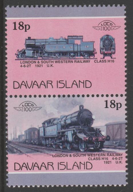 Davaar Island 1983 Locomotives #1 L&SW Class H16 4-6-2T loco 18p se-tenant pair with yellow omitted unmounted mint, stamps on railways