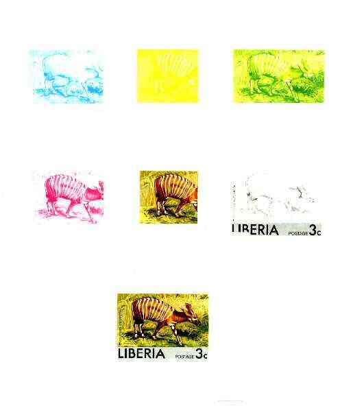 Liberia 1976 Animals 3c Striped Antelope the set of 7 imperf progressive proofs comprising the 4 individual colours plus 2, 3 and all 4-colour composites unmounted mint, as SG 1291, stamps on , stamps on  stamps on animals, stamps on antelope