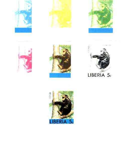 Liberia 1976 Animals 5c Chimpanzee the set of 7 imperf progressive proofs comprising the 4 individual colours plus 2, 3 and all 4-colour composites unmounted mint, as SG ..., stamps on animals, stamps on apes